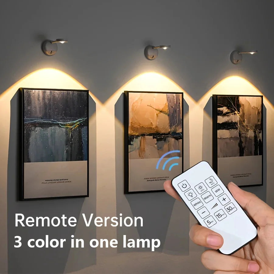 Lámpara de pared inalámbrica inteligente con sensor de movimiento, recargable por USB, con foco LED regulable para iluminar cuadros e imágenes.
