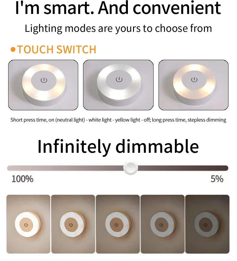 Lámpara de pared Led redonda, luz nocturna recargable con Interruptor táctil, luz de libro magnética regulable para lectura, armario de dormitorio
