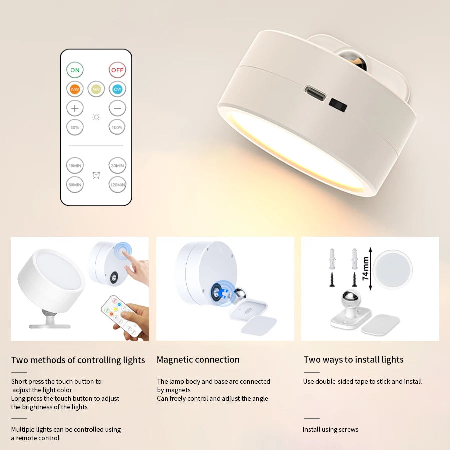 LED Magnetic Wall Lights Wireless Rechargeable Wall Lamp 360° Rotation Ambient Light With Remote Spotlight Wall Sconce RoomDecor