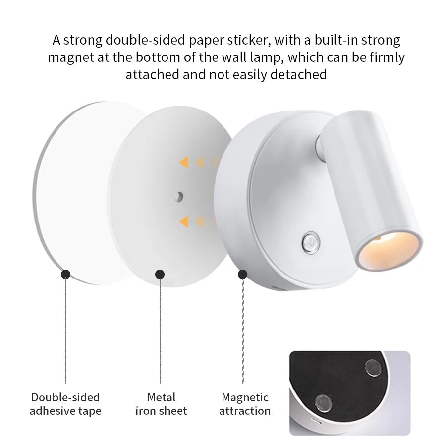 Base magnética USB recargable LED luz de pared inalámbrica Interruptor táctil negro blanco oro plateado lámpara de noche regulable para lectura