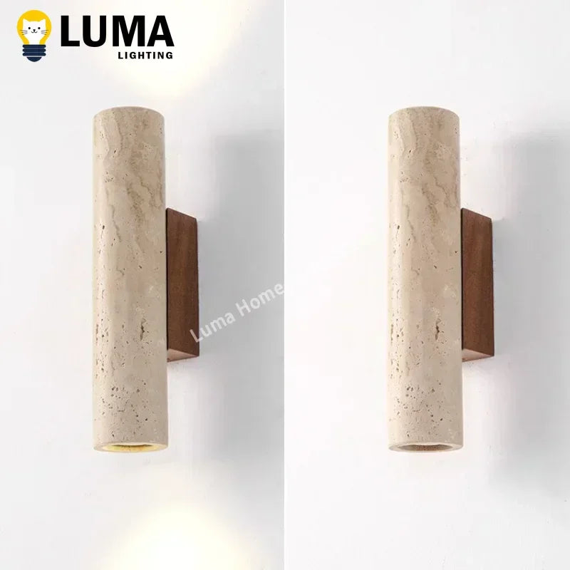 Wabi Sabi Style Yellow Travertine Wall Lamp Vintage Stone and Wood Sconce Light for Bedroom Bedside Living Room Stair Home Decor