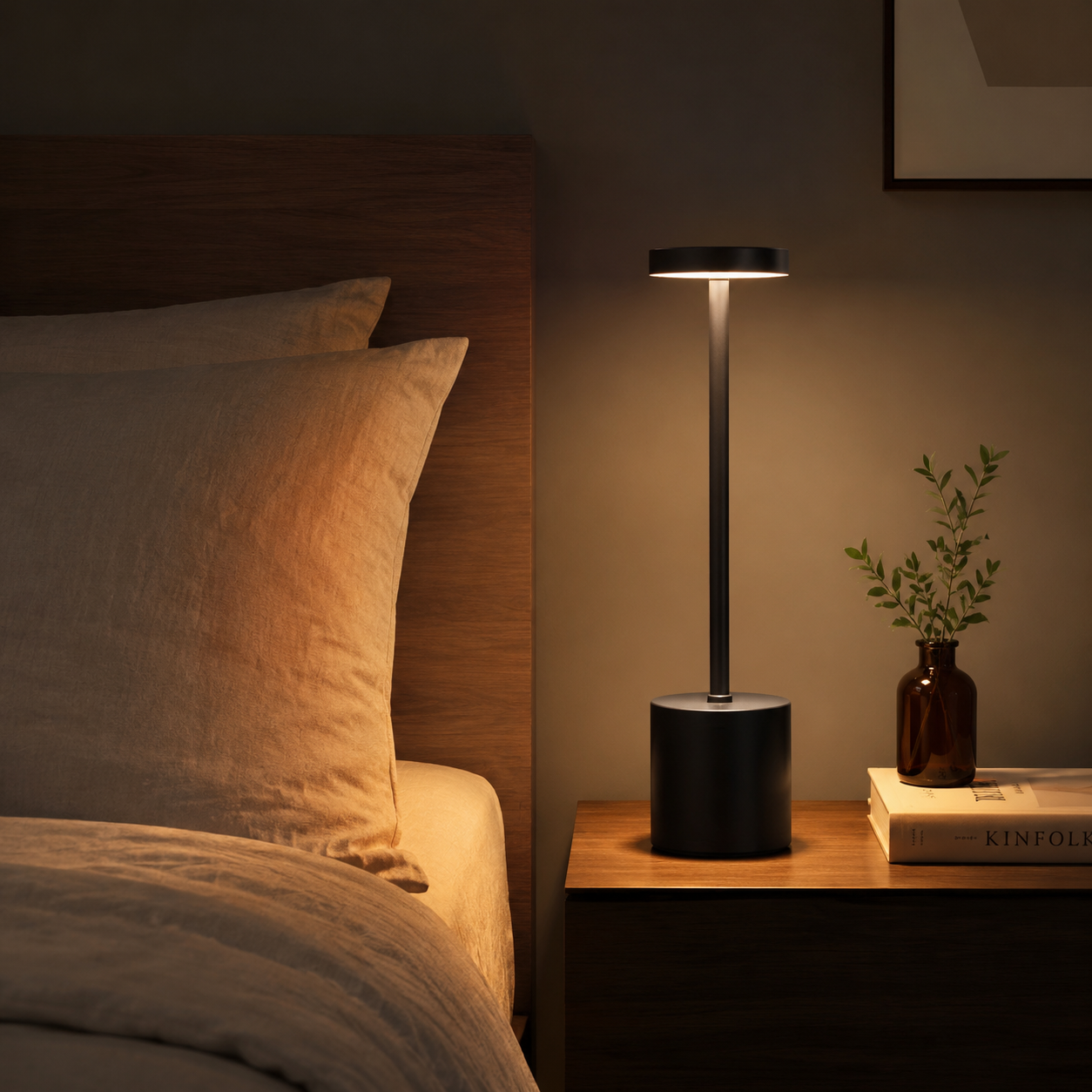 Cordless touch table lamp glowing on bedside table