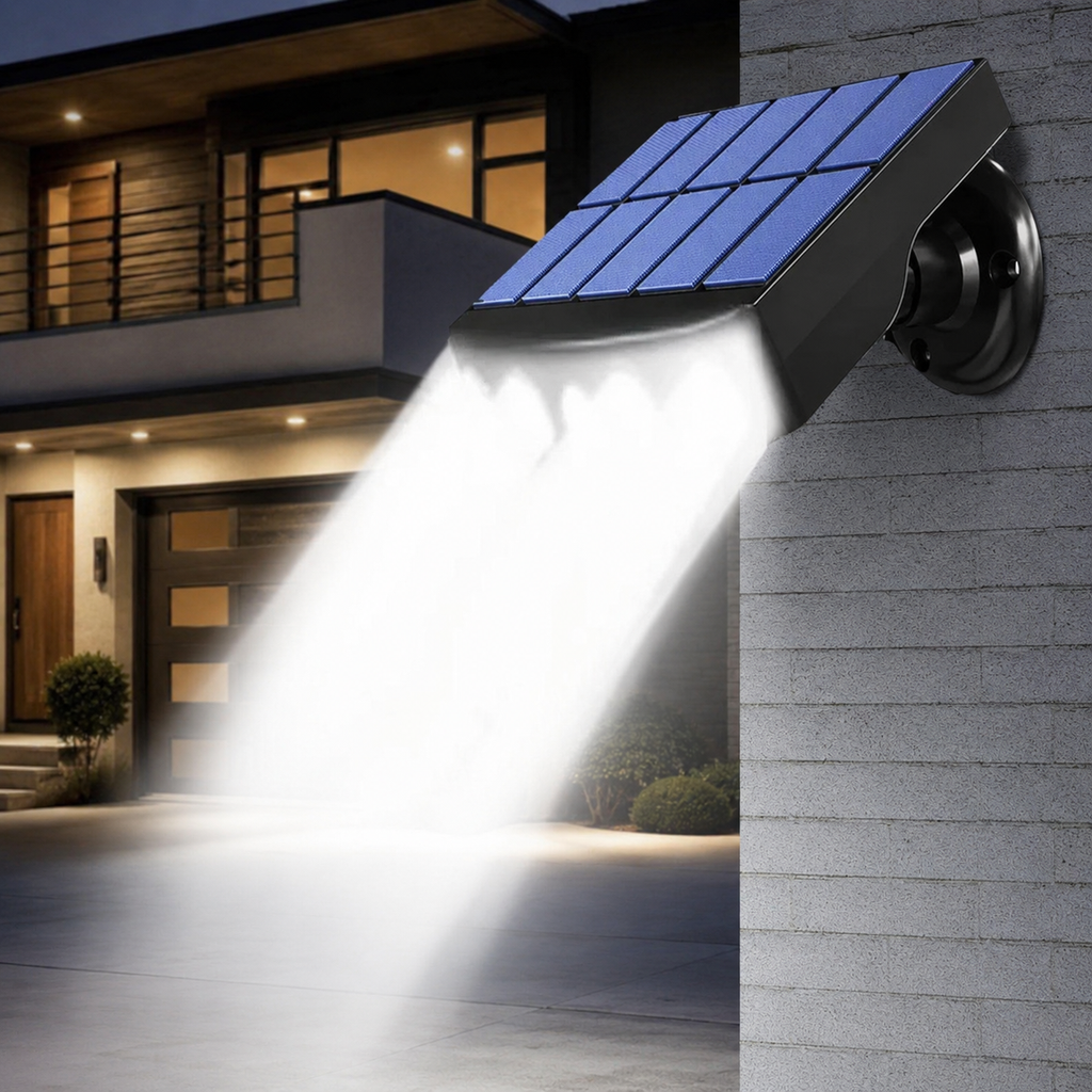 Solar security light on house wall at night