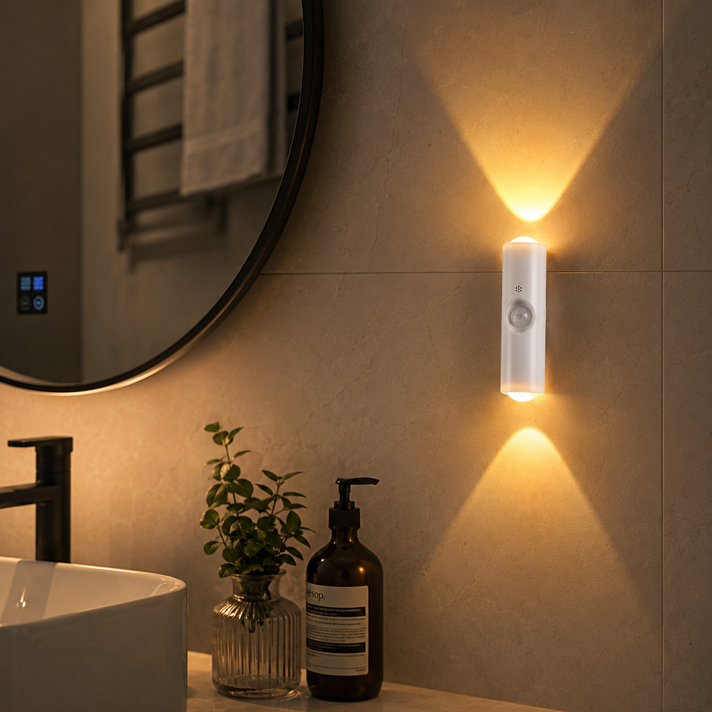 RGB gradient night light on bathroom wall