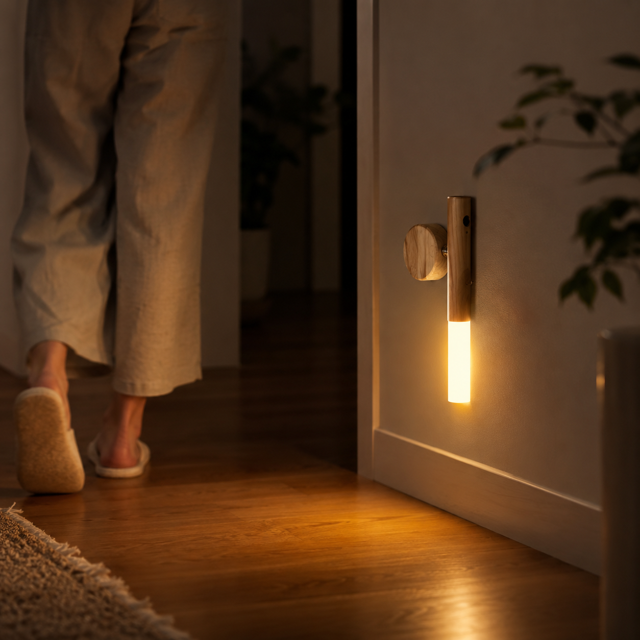 Motion sensor night light glowing in modern hallway