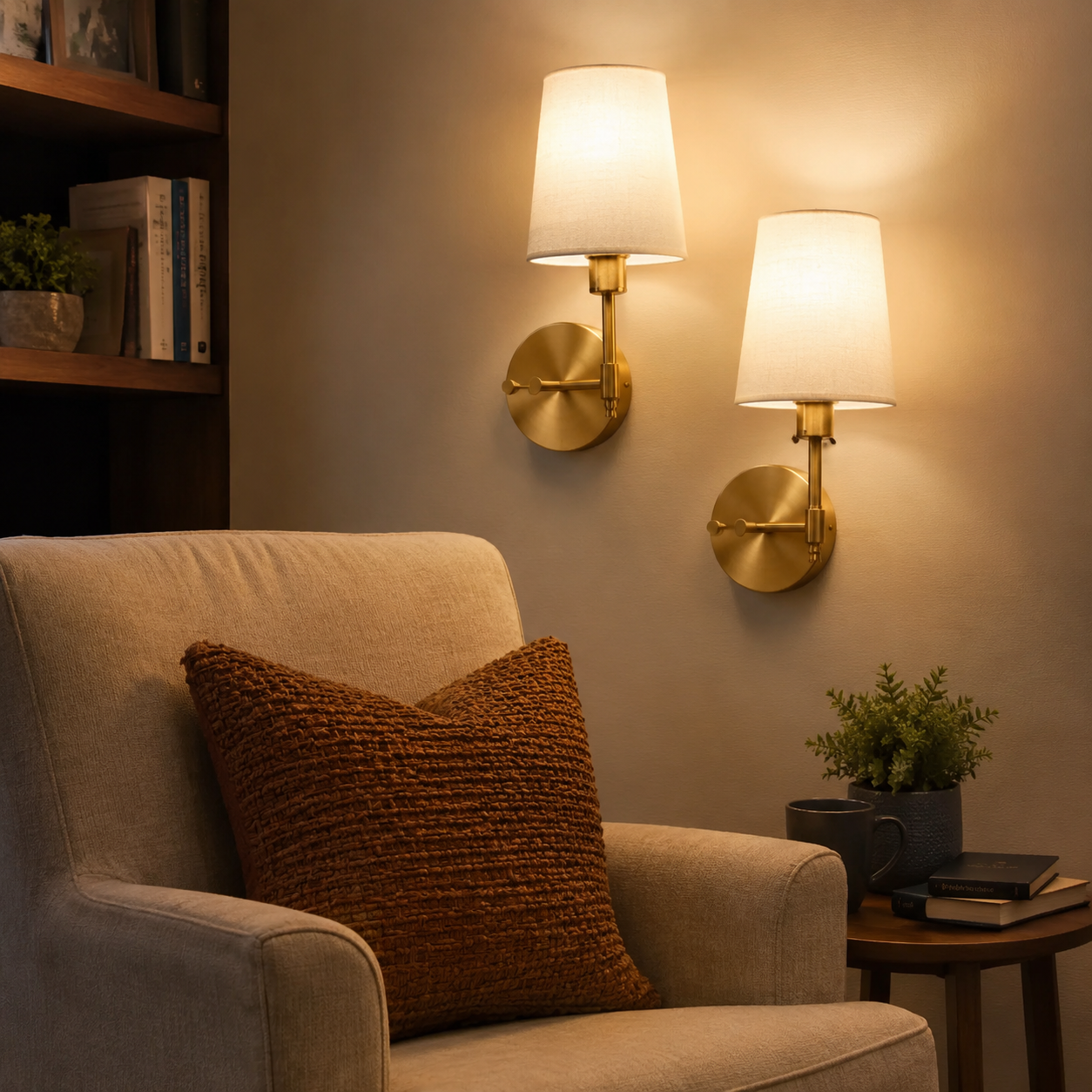 Rechargeable cordless wall lamp beside reading armchair