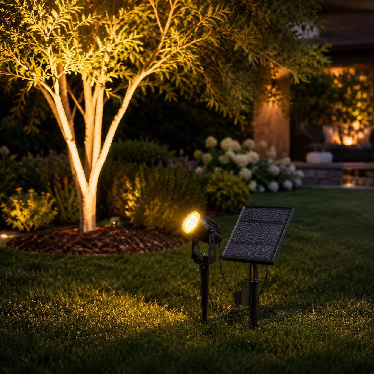 Solar garden spotlight in backyard at dusk