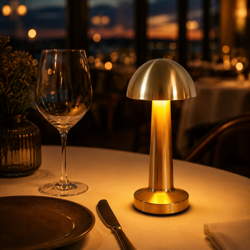 Cordless metal table lamp on restaurant table at dusk