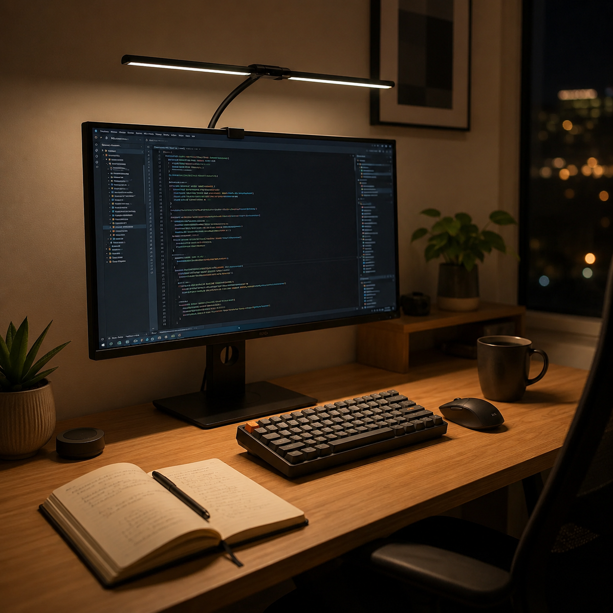 Double head LED desk lamp over computer monitor in home office