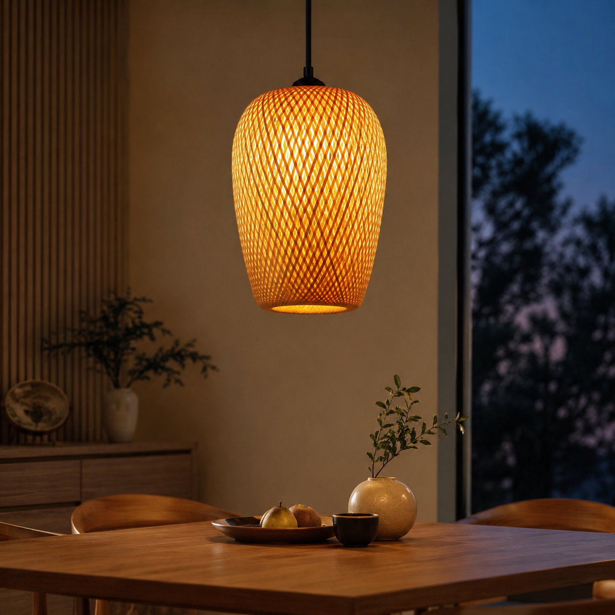 Bamboo rattan pendant light over dining table