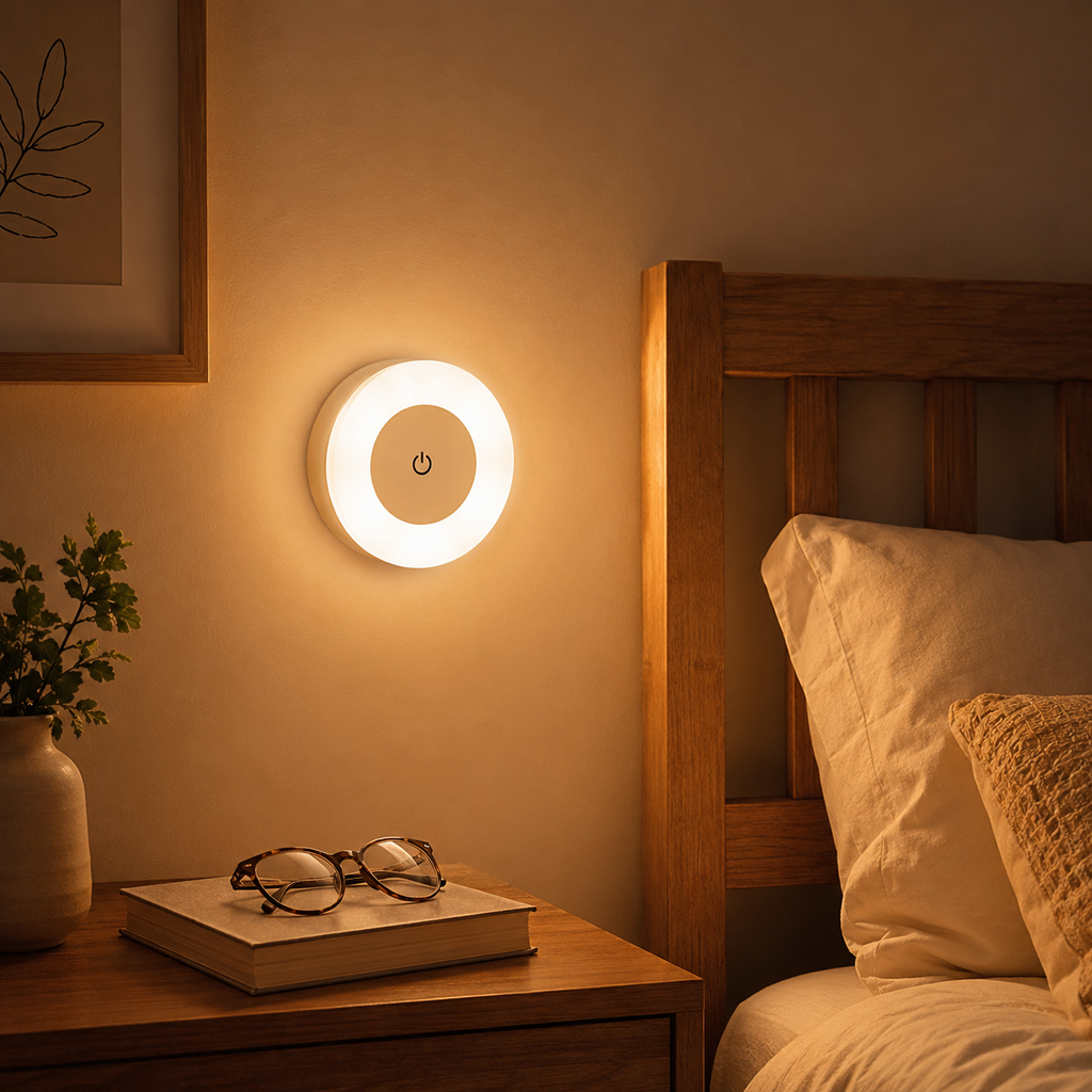 Round rechargeable LED wall lamp glowing beside bed