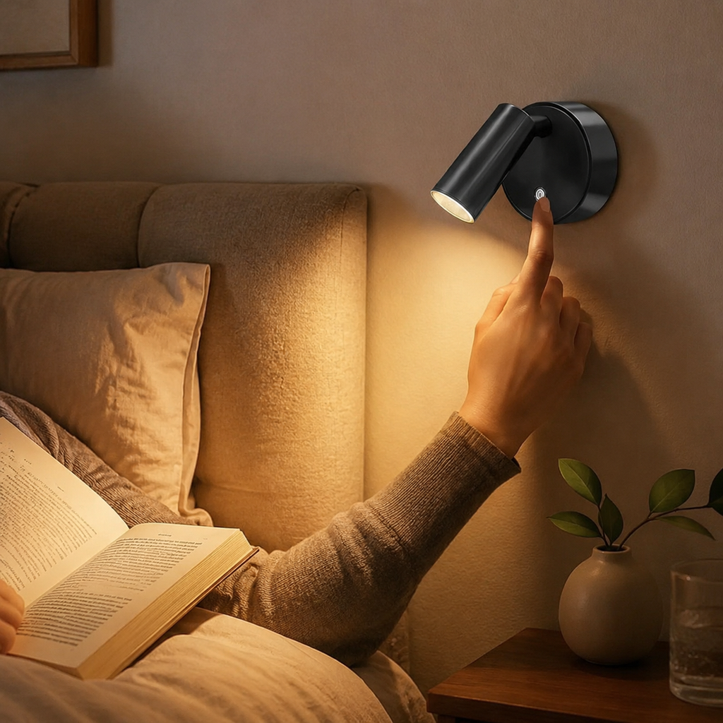 Magnetic rechargeable wall light beside bed headboard